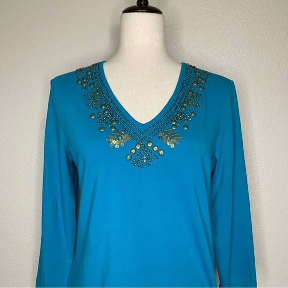 Chico’s Beaded Embellished Blue V-neck 3/4 Sleeves Top - Picture 3 of 13